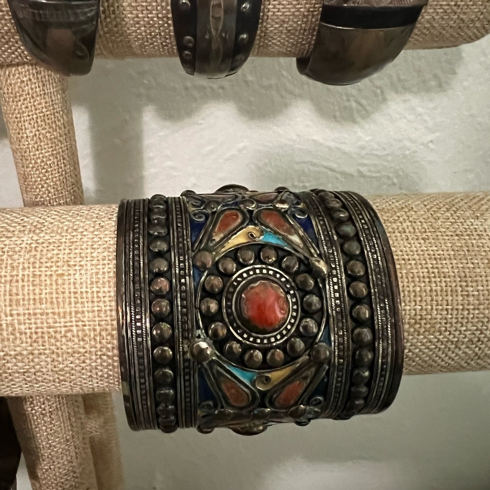 Ornate Silver and Coral Cuff Bracelet